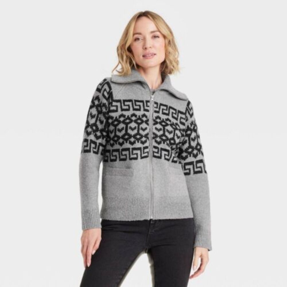 Universal Thread Zip Up Cardigan Gray Black Zig Zag Mock Neck Size S Geometric